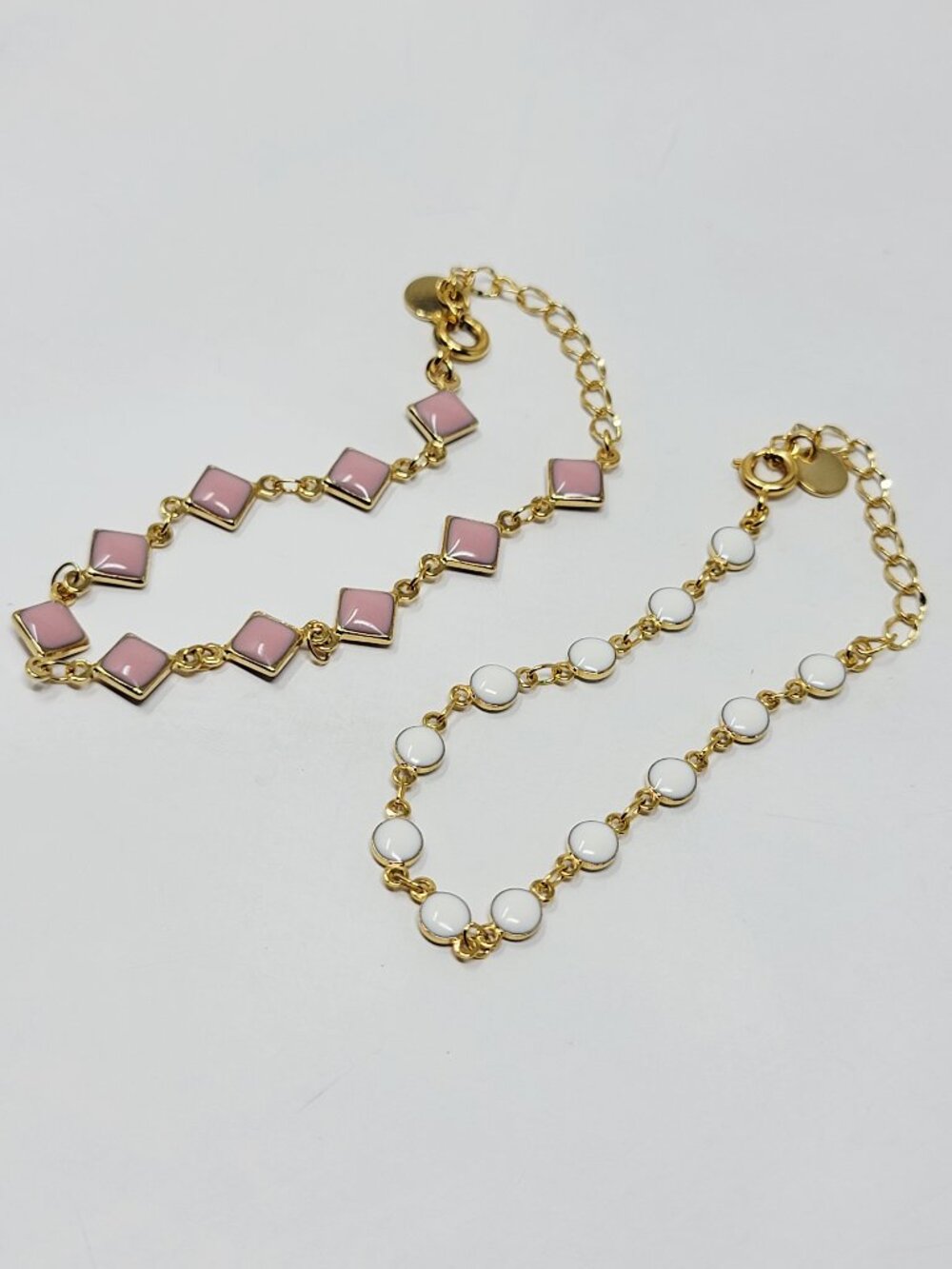 Gold Tone Pink & White Enamel Link Bracelets Set of 2 Adjustable